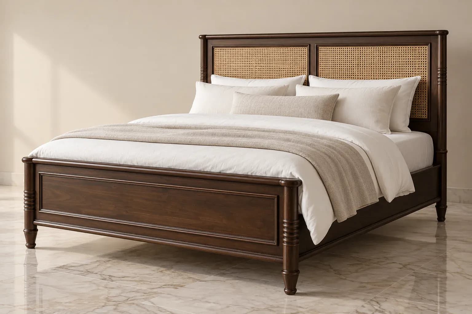 Cama Marevane de madera oscura con cabecero de esterilla tejida y postes torneados.