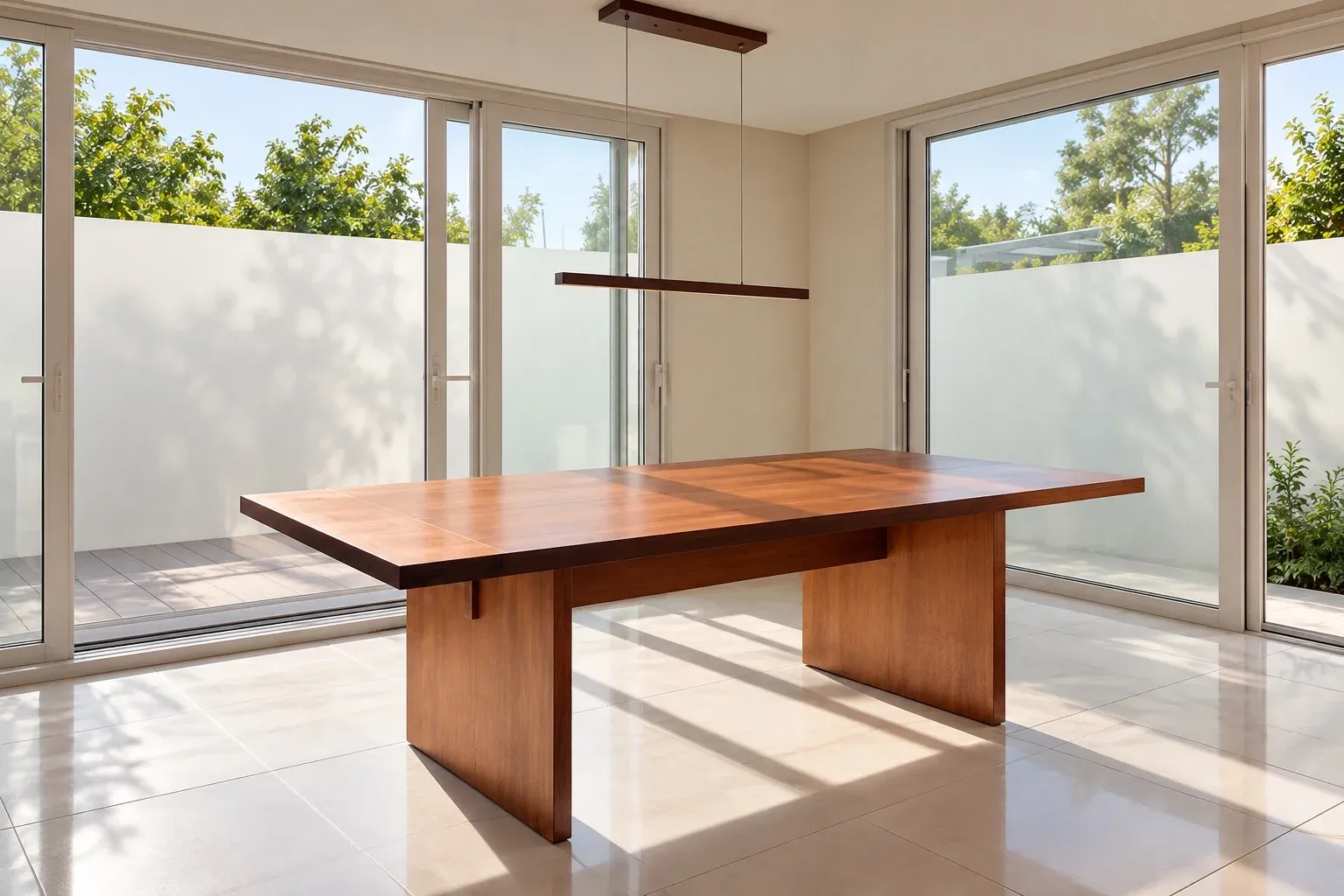 Mesa de comedor Arvellan de madera maciza, con tablero rectangular y dos bases de panel.
